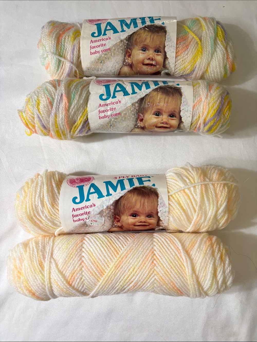4-Jamie 3 Ply Baby Yarn Pastel Multicolor Skeins - Soft White, Yellow & Pink